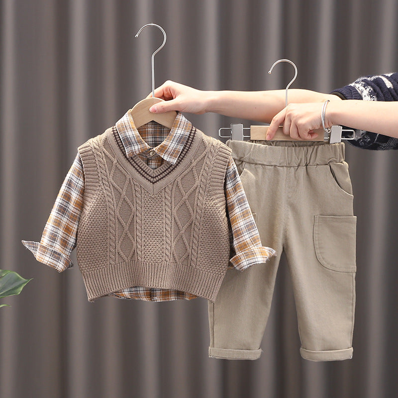 3 Pieces Set Baby Kid Boys Checked Shirts Crochet Vests Waistcoats And Solid Color Pants Wholesale 230228207