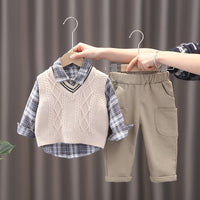 Load image into Gallery viewer, 3 Pieces Set Baby Kid Boys Checked Shirts Crochet Vests Waistcoats And Solid Color Pants Wholesale 230228207
