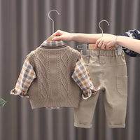 Load image into Gallery viewer, 3 Pieces Set Baby Kid Boys Checked Shirts Crochet Vests Waistcoats And Solid Color Pants Wholesale 230228207

