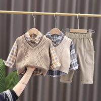 Load image into Gallery viewer, 3 Pieces Set Baby Kid Boys Checked Shirts Crochet Vests Waistcoats And Solid Color Pants Wholesale 230228207
