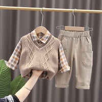 Load image into Gallery viewer, 3 Pieces Set Baby Kid Boys Checked Shirts Crochet Vests Waistcoats And Solid Color Pants Wholesale 230228207
