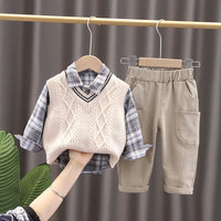 Load image into Gallery viewer, 3 Pieces Set Baby Kid Boys Checked Shirts Crochet Vests Waistcoats And Solid Color Pants Wholesale 230228207
