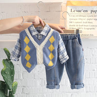 Load image into Gallery viewer, 3 Pieces Set Baby Kid Boys Checked Shirts Crochet Vests Waistcoats And Solid Color Pants Wholesale 230228207
