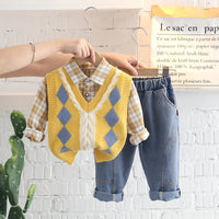 Load image into Gallery viewer, 3 Pieces Set Baby Kid Boys Checked Shirts Crochet Vests Waistcoats And Solid Color Pants Wholesale 230228207
