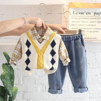 Load image into Gallery viewer, 3 Pieces Set Baby Kid Boys Checked Shirts Crochet Vests Waistcoats And Solid Color Pants Wholesale 230228207

