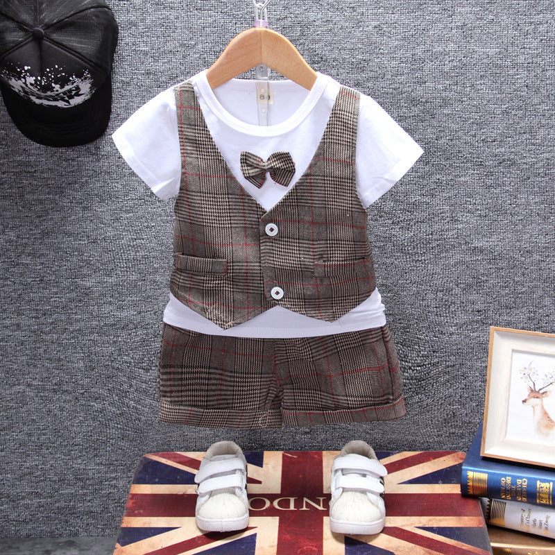 2 Pieces Set Baby Kid Boys Birthday Checked Bow Tops And Shorts Wholesale 23022827