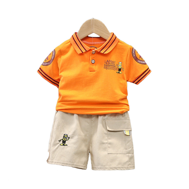 2 Pieces Set Baby Kid Boys Letters Cartoon Print Polo Shirts And Embroidered Shorts Wholesale 230228271