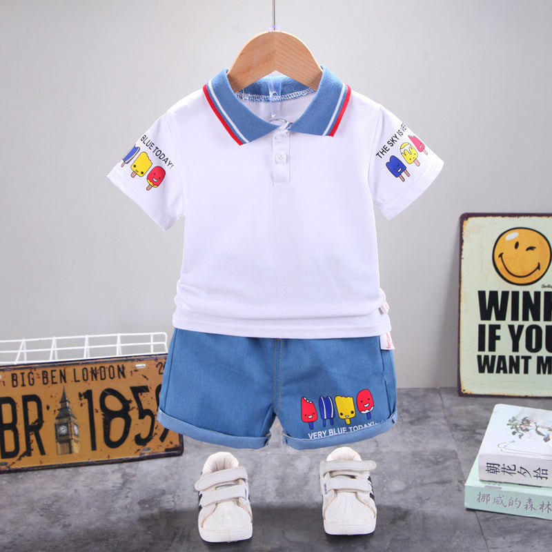 2 Pieces Set Baby Kid Boys Striped Cartoon Expression Print Polo Shirts And Solid Color Shorts Wholesale 230228305