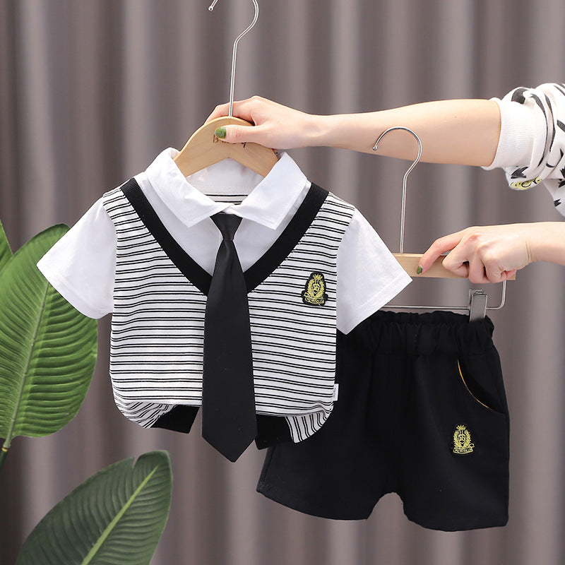 2 Pieces Set Baby Kid Boys Striped Letters Polo Shirts And Solid Color Shorts Wholesale 230228313