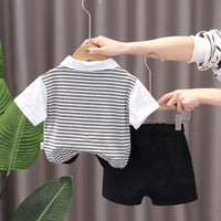 Load image into Gallery viewer, 2 Pieces Set Baby Kid Boys Striped Letters Polo Shirts And Solid Color Shorts Wholesale 230228313
