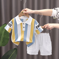 Load image into Gallery viewer, 2 Pieces Set Baby Kid Boys Striped Letters Polo Shirts And Solid Color Shorts Wholesale 230228313
