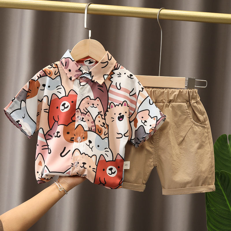 2 Pieces Set Baby Kid Boys Animals Cartoon Print Shirts And Solid Color Shorts Wholesale 230228318