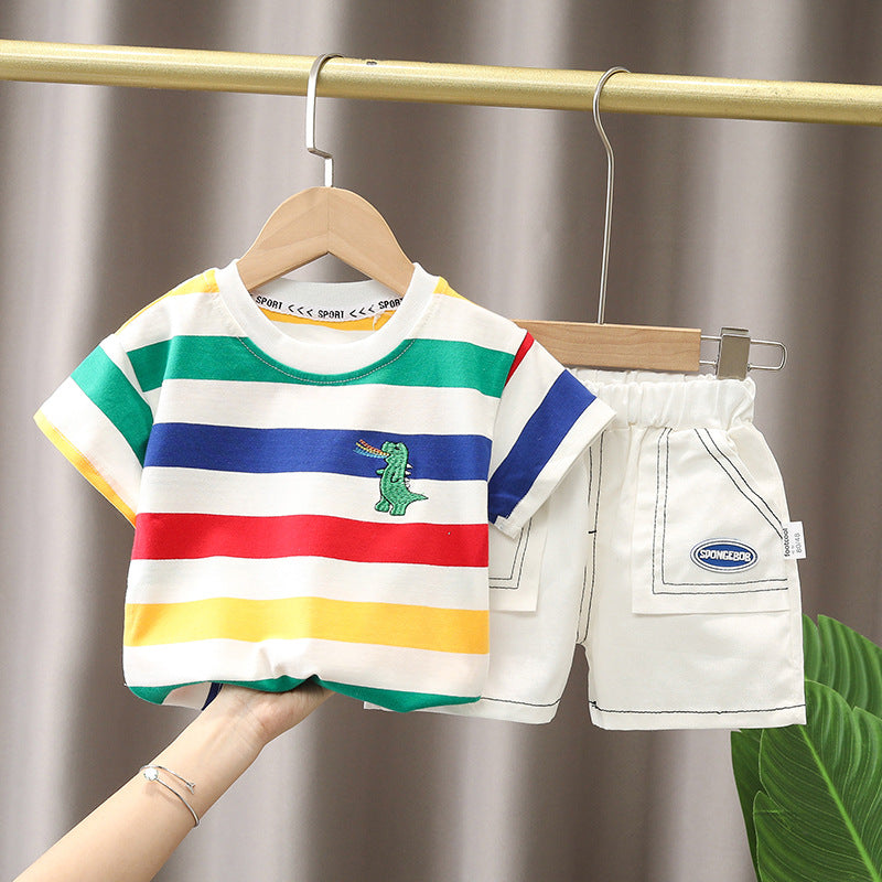 2 Pieces Set Baby Kid Boys Striped Dinosaur Embroidered T-Shirts And Letters Shorts Wholesale 230228338