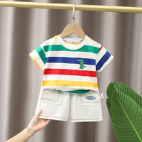 Load image into Gallery viewer, 2 Pieces Set Baby Kid Boys Striped Dinosaur Embroidered T-Shirts And Letters Shorts Wholesale 230228338
