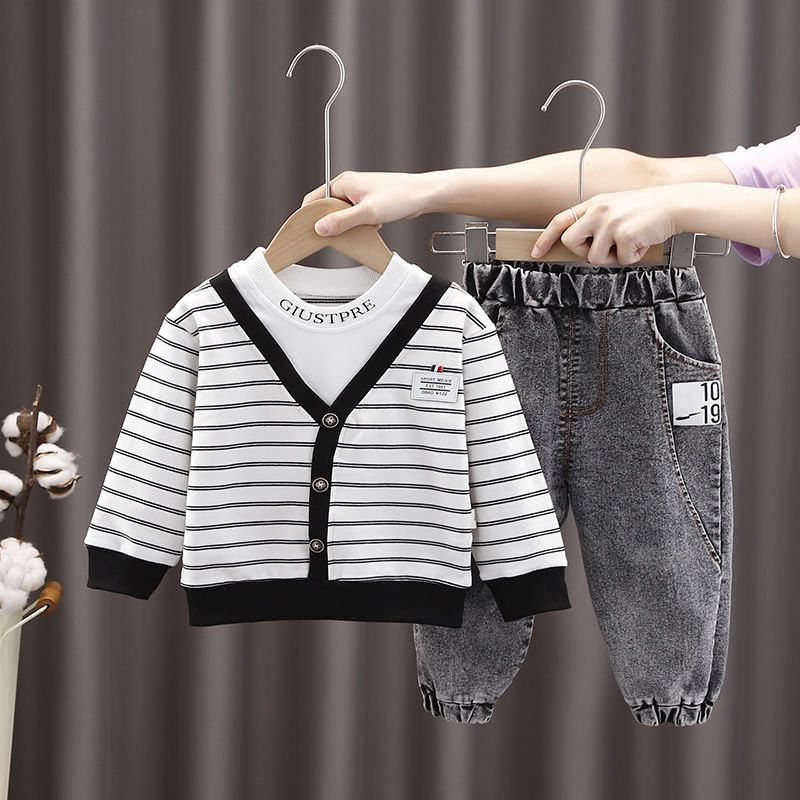 2 Pieces Set Baby Kid Boys Striped Letters Tops And Solid Color Pants Wholesale 230228368