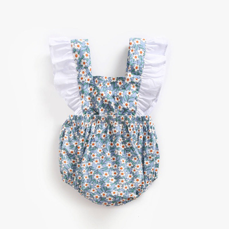 Baby Girls Color-blocking Flower Ribbon Print Rompers Wholesale 23030214