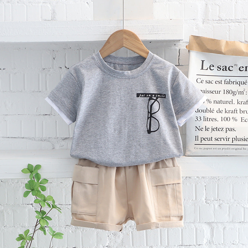 2 Pieces Set Baby Kid Boys Letters Cartoon Print T-Shirts And Solid Color Shorts Wholesale 230302186