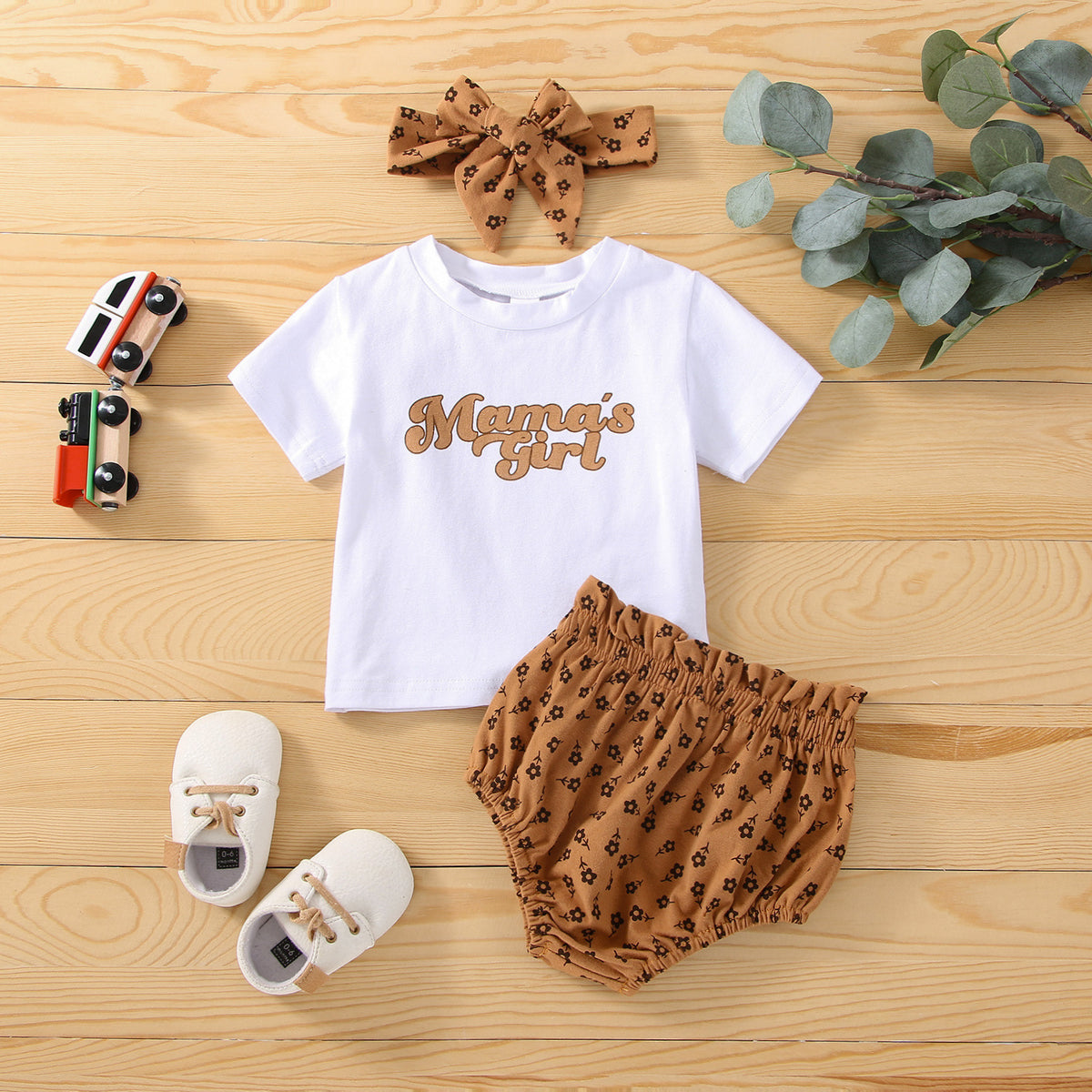 3 Pieces Set Baby Girls Letters T-Shirts Flower Print Shorts And Bow Headwear Wholesale 230302210