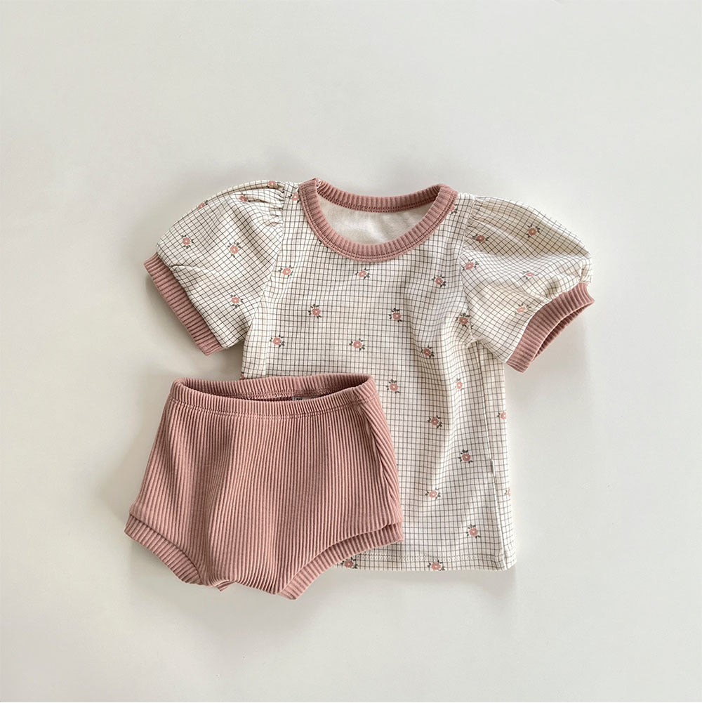 2 Pieces Set Baby Unisex Flower Checked T-Shirts And Solid Color Shorts Wholesale 230302222