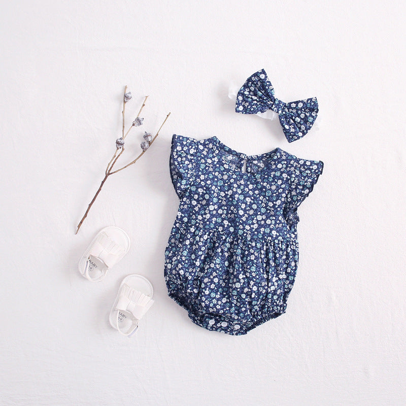 Baby Girls Flower Print Rompers And Headwear Wholesale 23030224