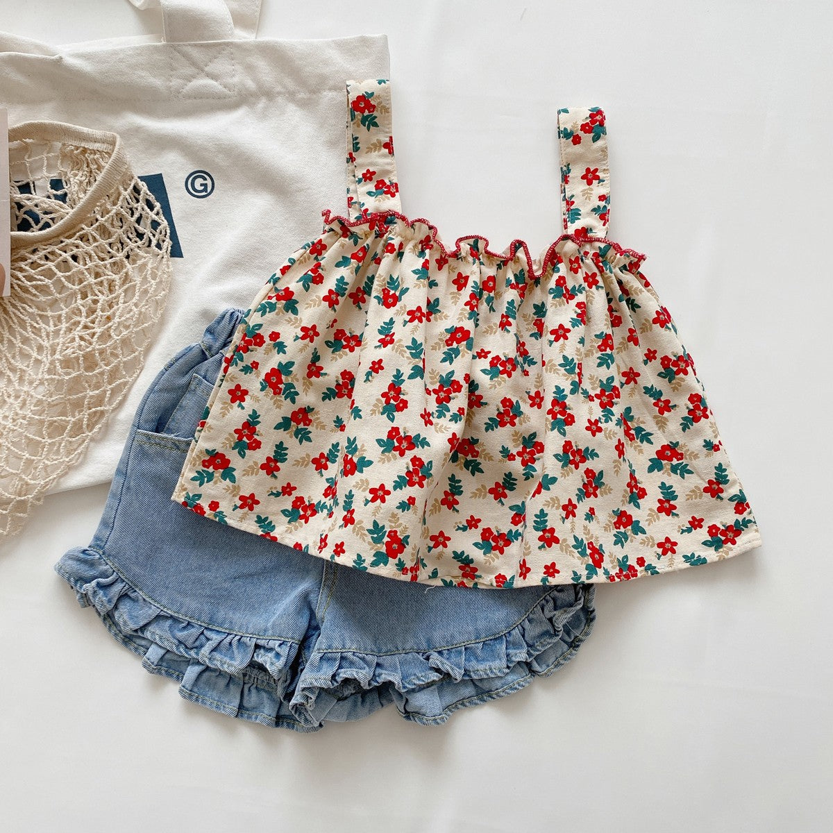 2 Pieces Set Baby Kid Girls Flower Print Tank Tops And Solid Color Shorts Wholesale 230302331