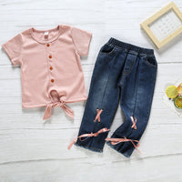 Load image into Gallery viewer, 2 Pieces Set Baby Kid Girls Muslin&amp;Ribbed Tops And Solid Color Pants Wholesale 23030308
