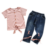 Load image into Gallery viewer, 2 Pieces Set Baby Kid Girls Muslin&amp;Ribbed Tops And Solid Color Pants Wholesale 23030308
