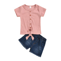 Load image into Gallery viewer, 2 Pieces Set Baby Kid Girls Muslin&amp;Ribbed Tops And Solid Color Pants Wholesale 23030308
