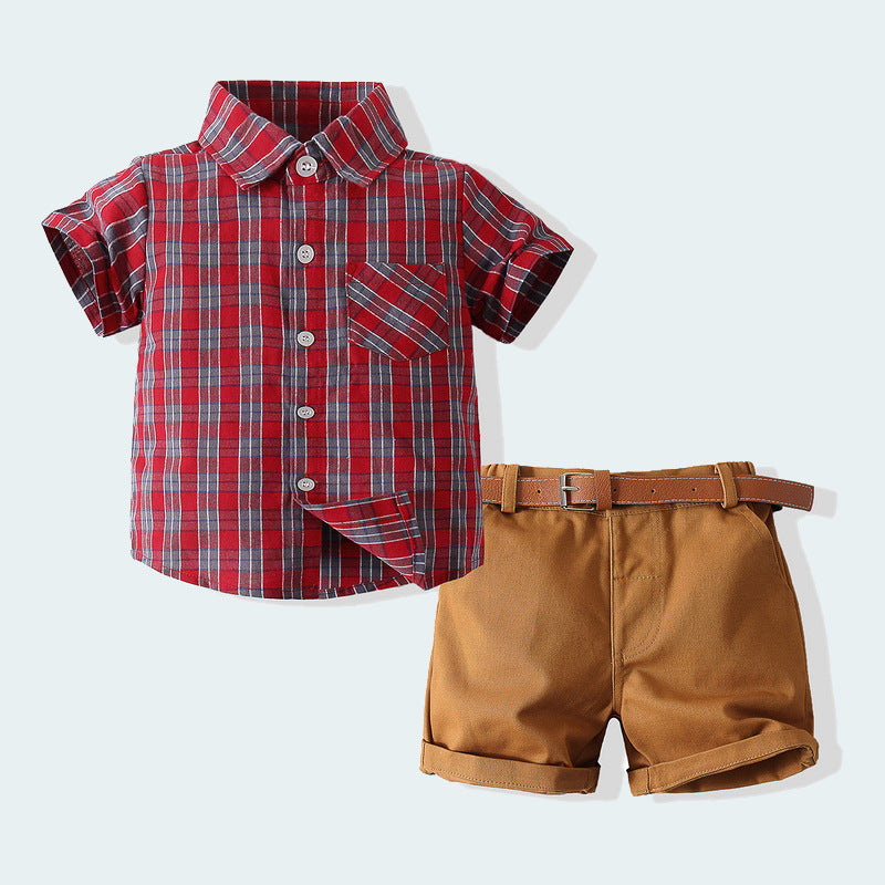 2 Pieces Set Baby Kid Boys Birthday Checked Shirts And Solid Color Ribbon Shorts Wholesale 230303100