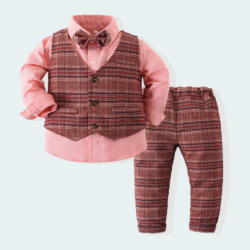 3 Pieces Set Baby Kid Boys Birthday Party Solid Color Bow Shirts And Checked Vests Waistcoats And Pants Wholesale 230303102