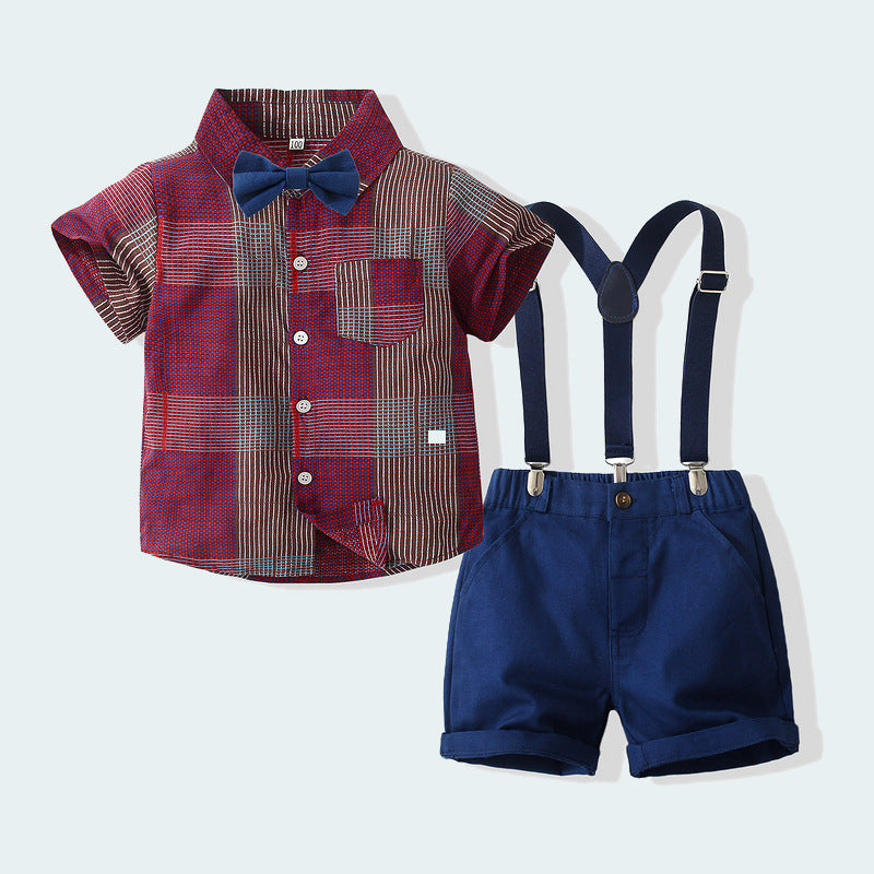 2 Pieces Set Baby Kid Boys Birthday Party Checked Bow Shirts And Solid Color Rompers Wholesale 230303105