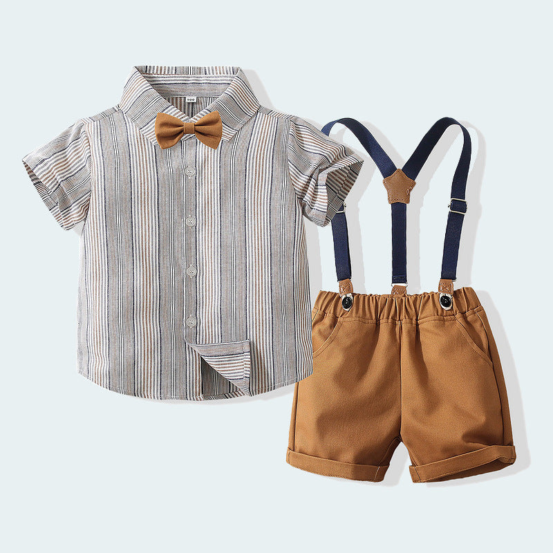 2 Pieces Set Baby Kid Boys Birthday Party Striped Bow Shirts And Solid Color Rompers Wholesale 230303106