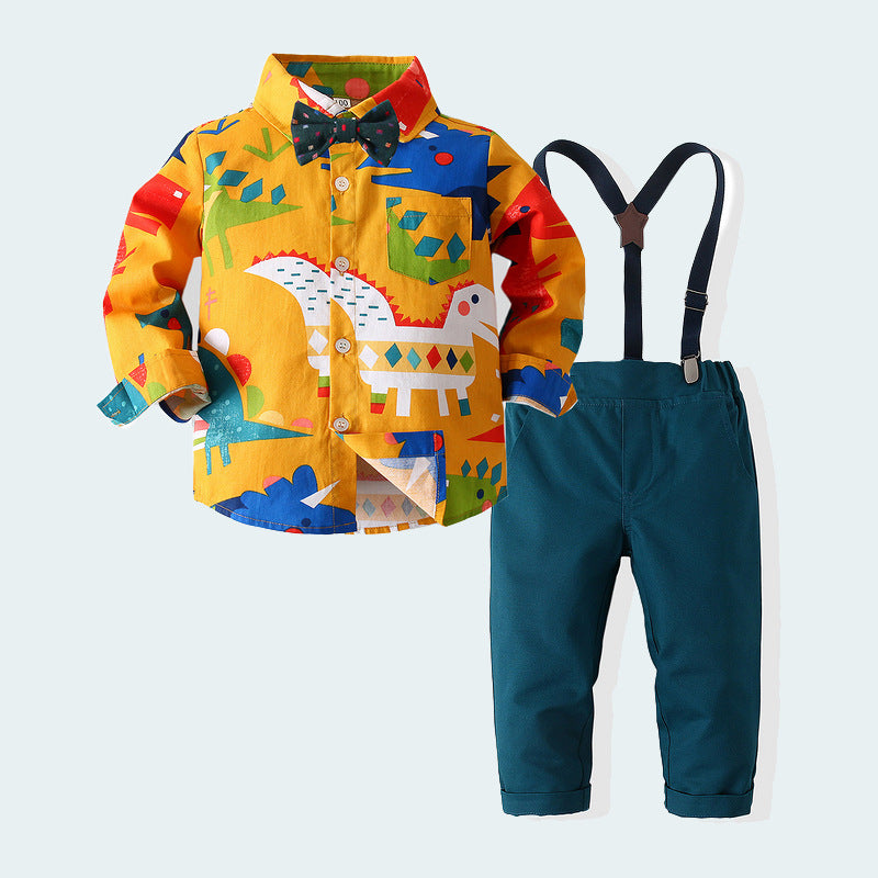 2 Pieces Set Baby Kid Boys Birthday Cartoon Print Shirts And Solid Color Jumpsuits Wholesale 230303108
