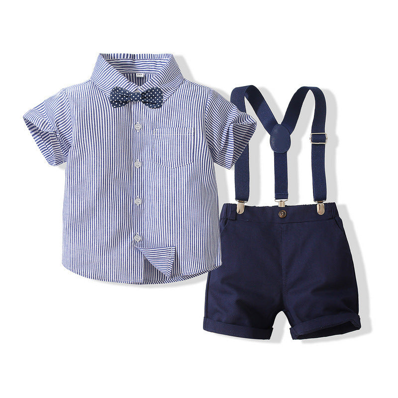 2 Pieces Set Baby Kid Boys Birthday Striped Bow Shirts And Solid Color Rompers Wholesale 230303114