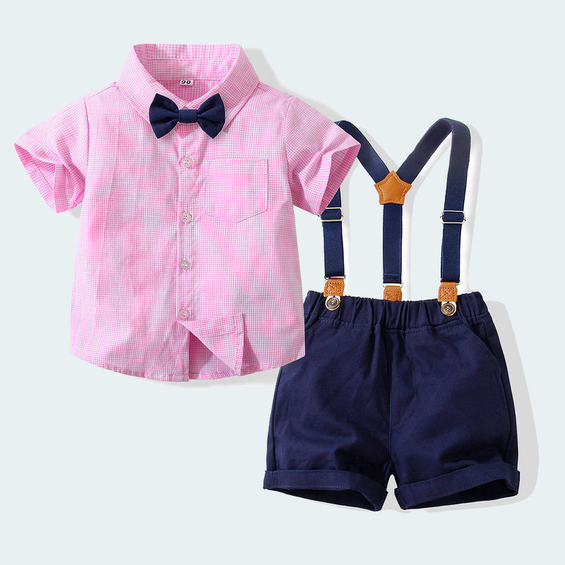 2 Pieces Set Baby Kid Boys Birthday Party Checked Bow Shirts And Solid Color Rompers Wholesale 230303122