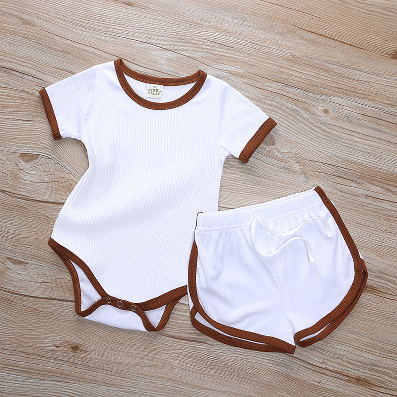 2 Pieces Set Baby Unisex Color-blocking Muslin&Ribbed Rompers And Shorts Wholesale 23030313