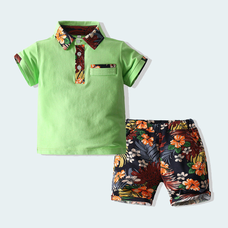 2 Pieces Set Baby Kid Boys Flower Print Polo Shirts And Tropical Shorts Wholesale 230303133