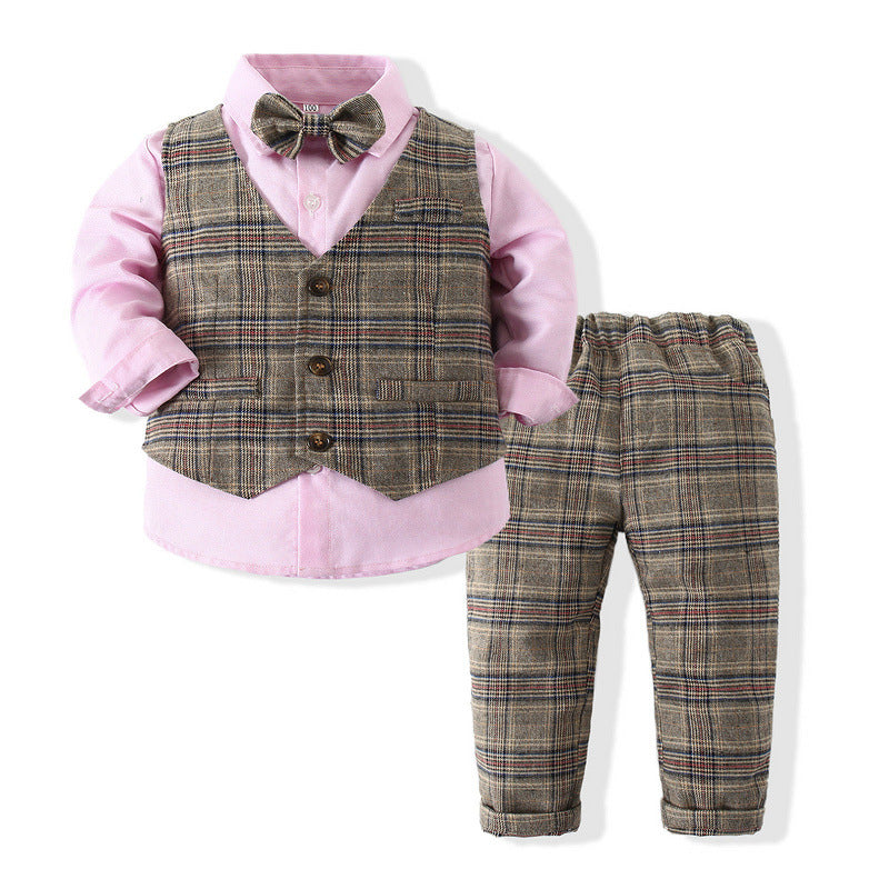 3 Pieces Set Baby Kid Boys Dressy Checked Vests Waistcoats And Solid Color Bow Shirts And Pants Suits Wholesale 23030317
