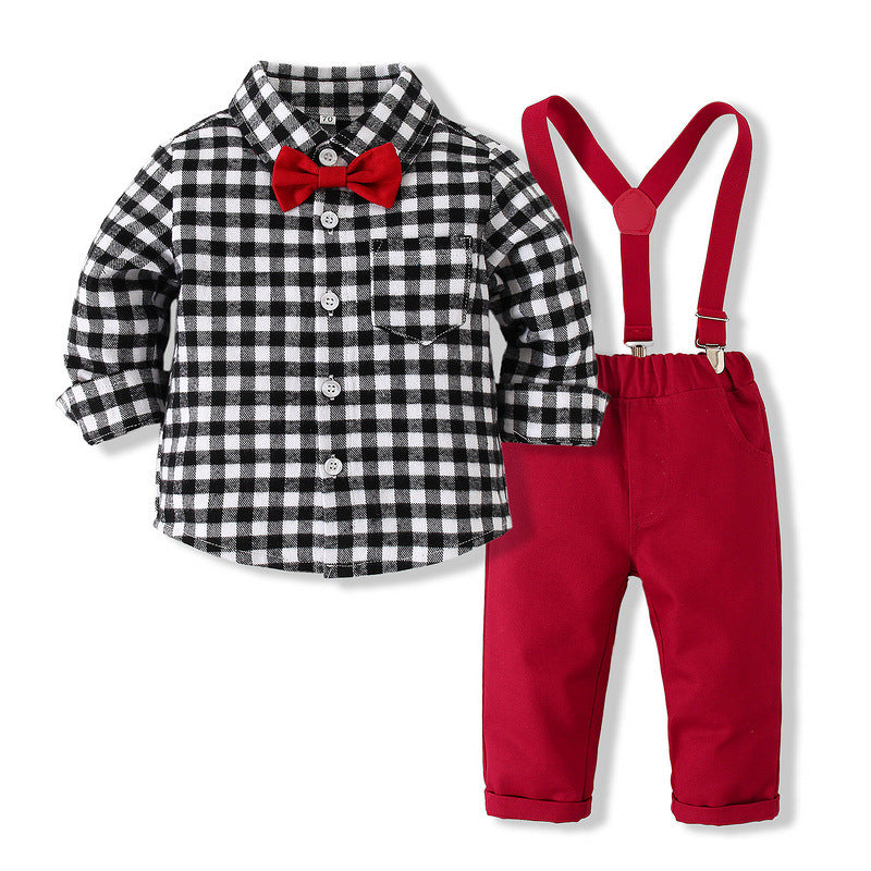 2 Pieces Set Baby Kid Boys Dressy Checked Bow Shirts And Solid Color Suits Jumpsuits Wholesale 23030318