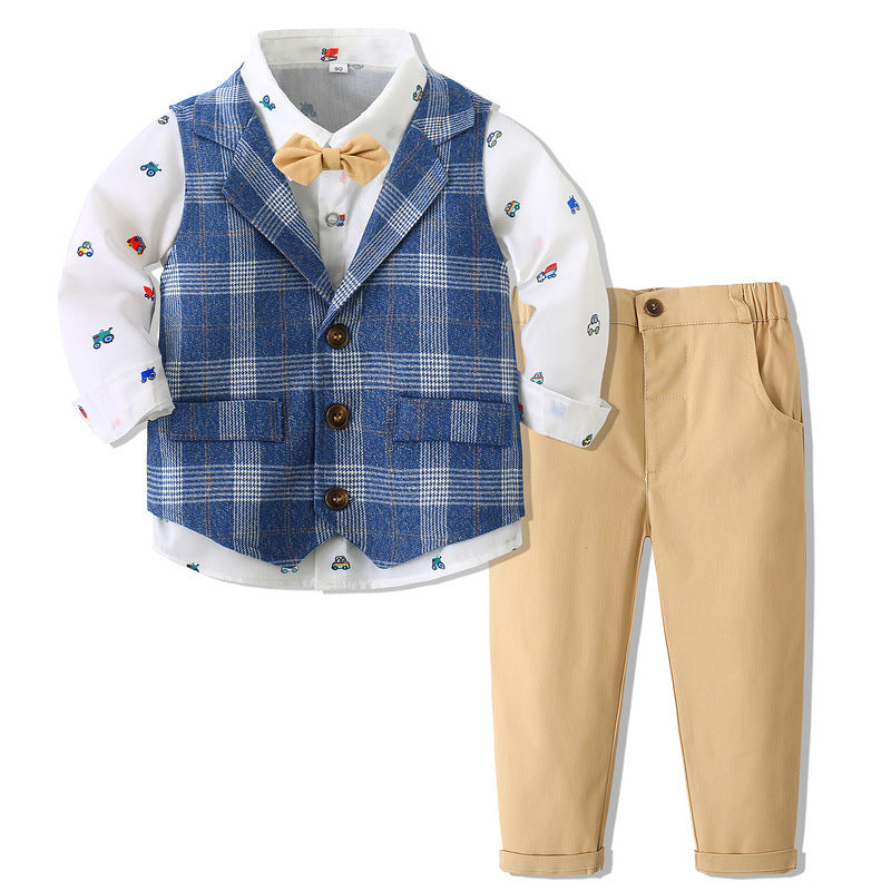 3 Pieces Set Baby Kid Boys Checked Vests Waistcoats And Car Cartoon Bow Print Shirts And Solid Color Pants Suits Wholesale 230303189