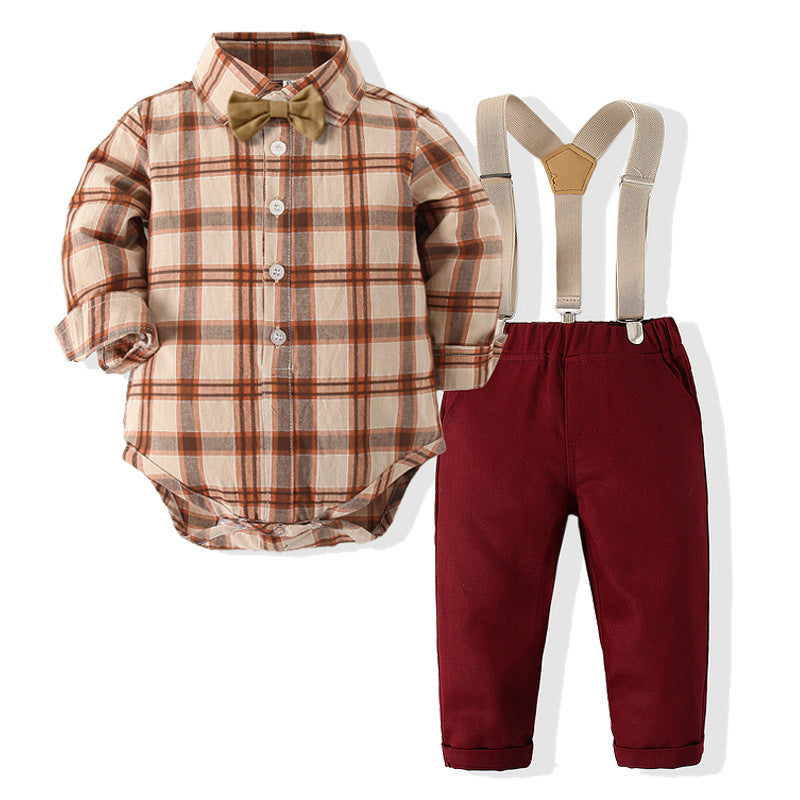 2 Pieces Set Baby Kid Boys Dressy Checked Bow Rompers And Solid Color Suits Jumpsuits Wholesale 23030319