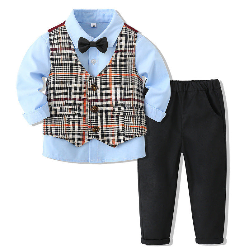 3 Pieces Set Baby Kid Boys Dressy Party Checked Vests Waistcoats And Solid Color Bow Shirts And Pants Suits Wholesale 230303191