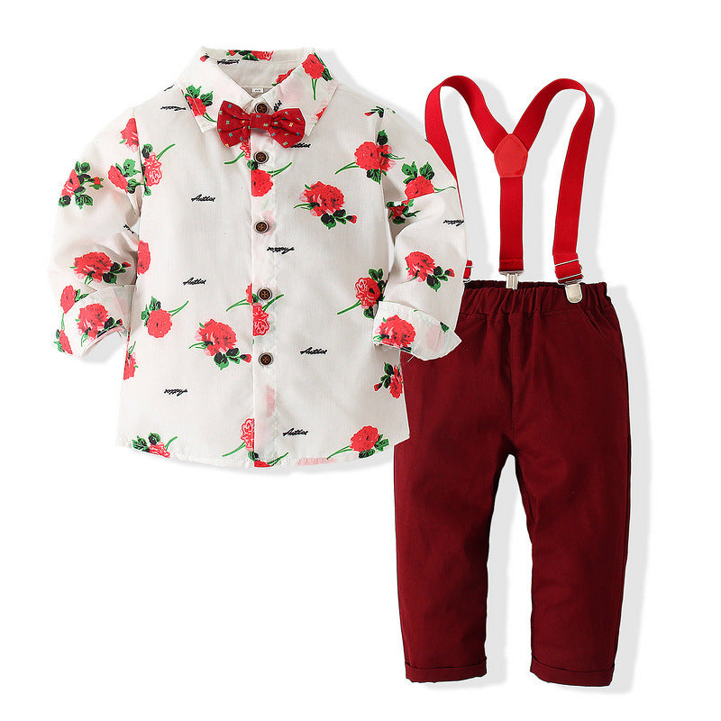 2 Pieces Set Baby Kid Boys Dressy Flower Bow Print Shirts And Solid Color Suits Jumpsuits Wholesale 23030320