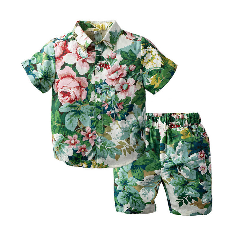2 Pieces Set Baby Kid Boys Beach Flower Tropical Plant Print Shirts And Shorts Wholesale 23030321
