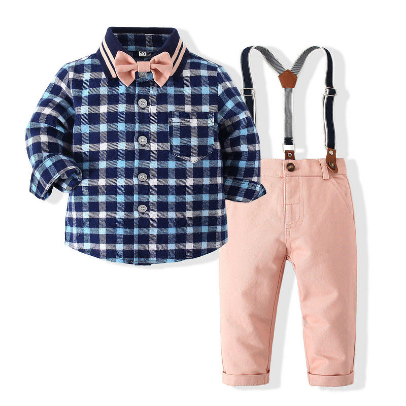 2 Pieces Set Baby Kid Boys Dressy Checked Bow Shirts And Solid Color Suits Jumpsuits Wholesale 23030322