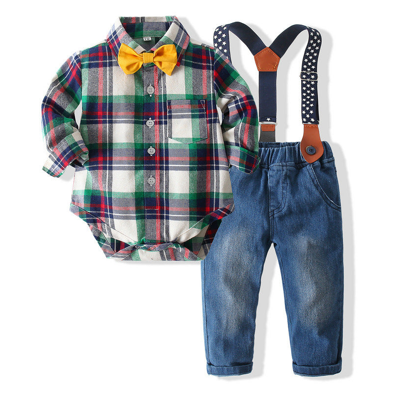 2 Pieces Set Baby Kid Boys Dressy Checked Bow Rompers And Solid Color Suits Jumpsuits Wholesale 23030324