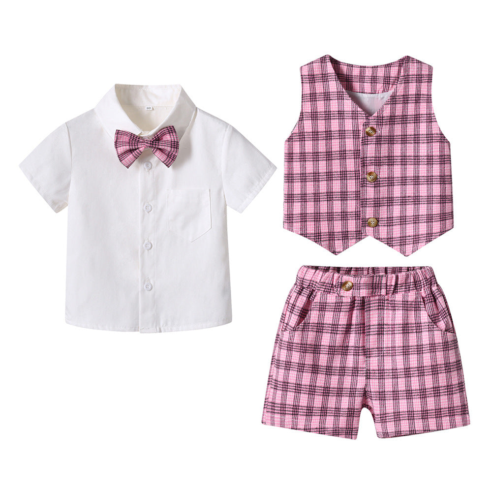 3 Pieces Set Baby Kid Boys Birthday Party Bow Shirts Checked Vests Waistcoats And Shorts Wholesale 230303244
