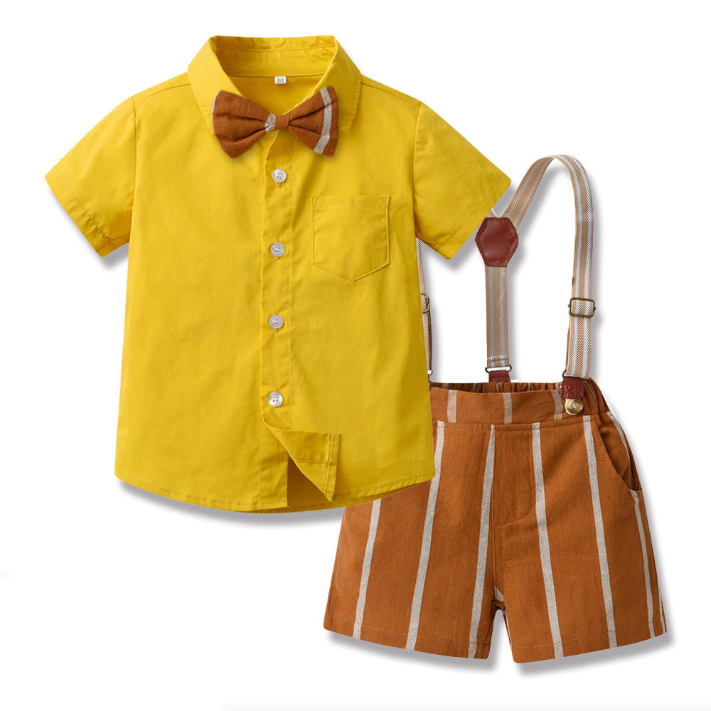 2 Pieces Set Baby Kid Boys Birthday Party Bow Shirts And Striped Rompers Wholesale 230303248