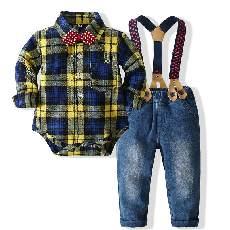 2 Pieces Set Baby Kid Boys Dressy Checked Bow Rompers And Solid Color Suits Jumpsuits Wholesale 23030325