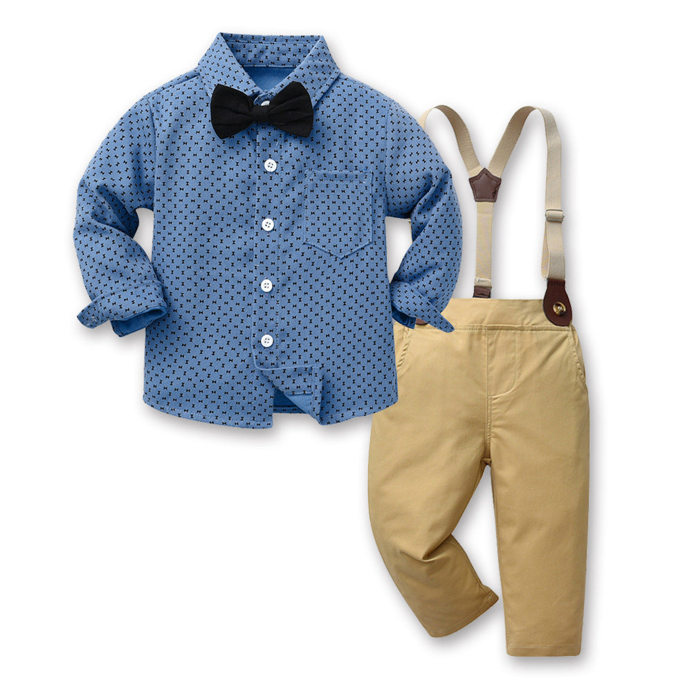 2 Pieces Set Baby Kid Boys Birthday Party Bow Print Shirts And Solid Color Jumpsuits Wholesale 230303264